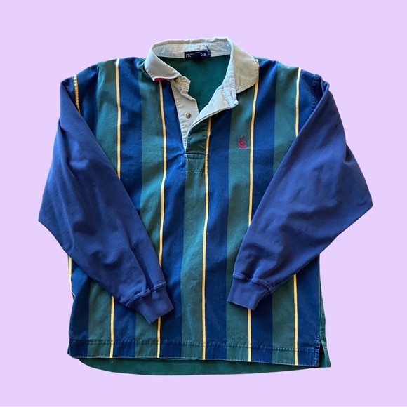 Vintage 90s Nautica Long Sleeve Blue and Green Striped Rugby Shirt 🔥 - Picture 1 of 3